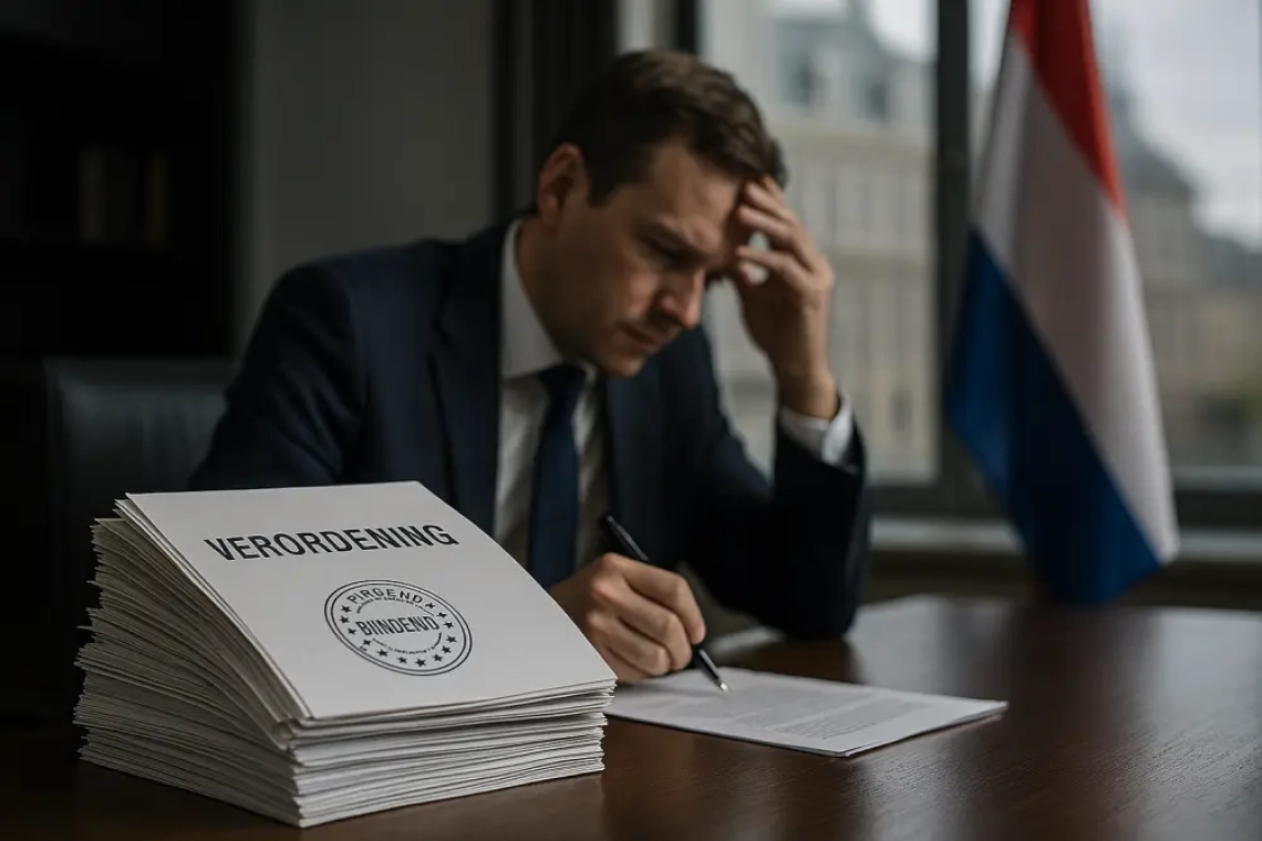 Een ambtenaar in Den Haag buigt zich over een stapel EU-documenten met een stempel “Verordening — bindend”, terwijl de Nederlandse vlag op de achtergrond langzaam vervaagt.